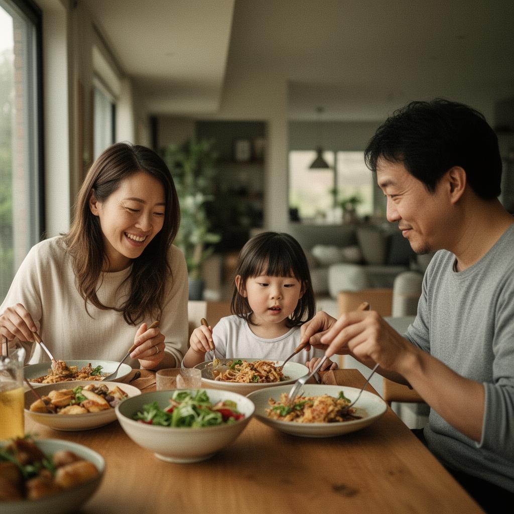 Family of three sharing dinner together at home
