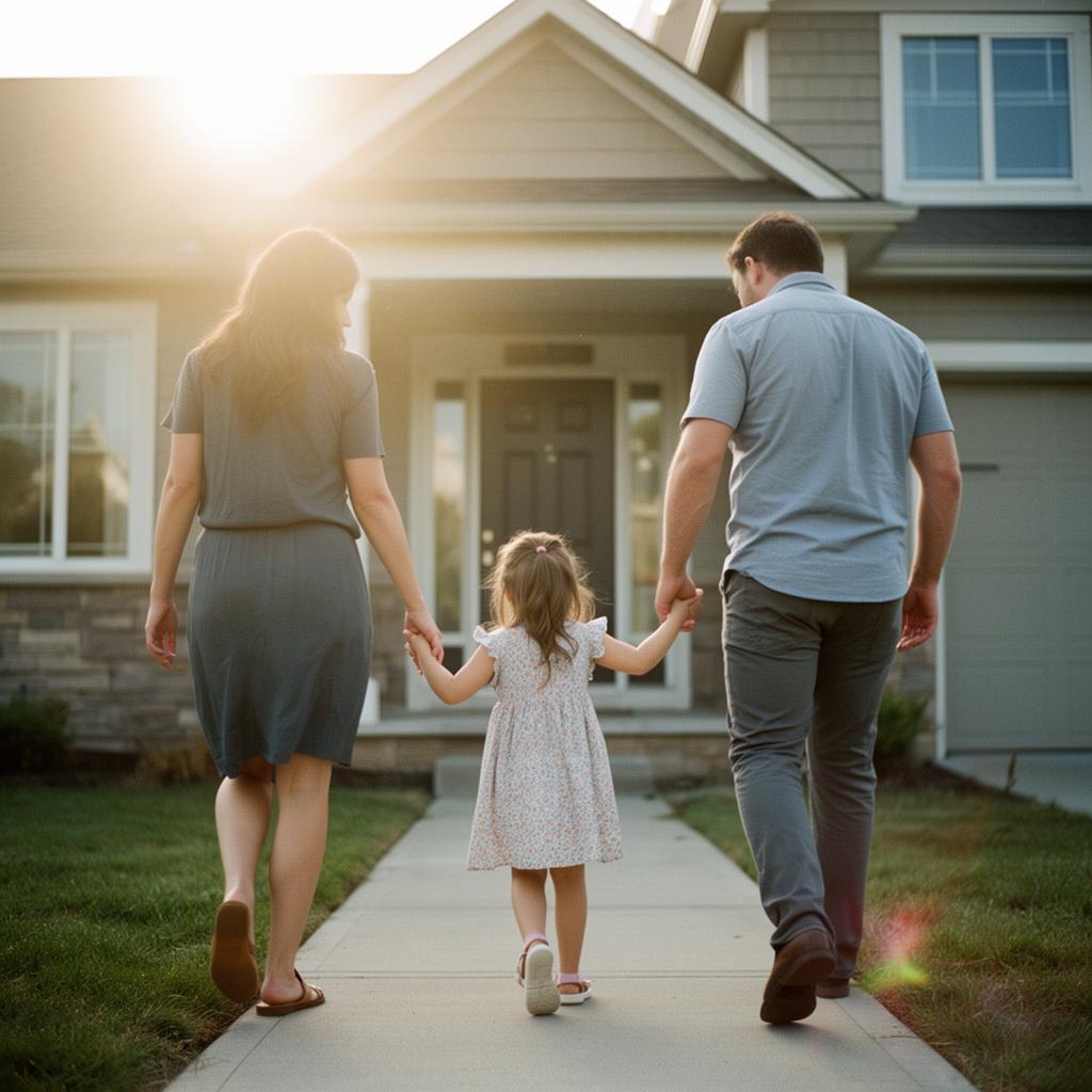 Family of three walking into their new home at golden hour